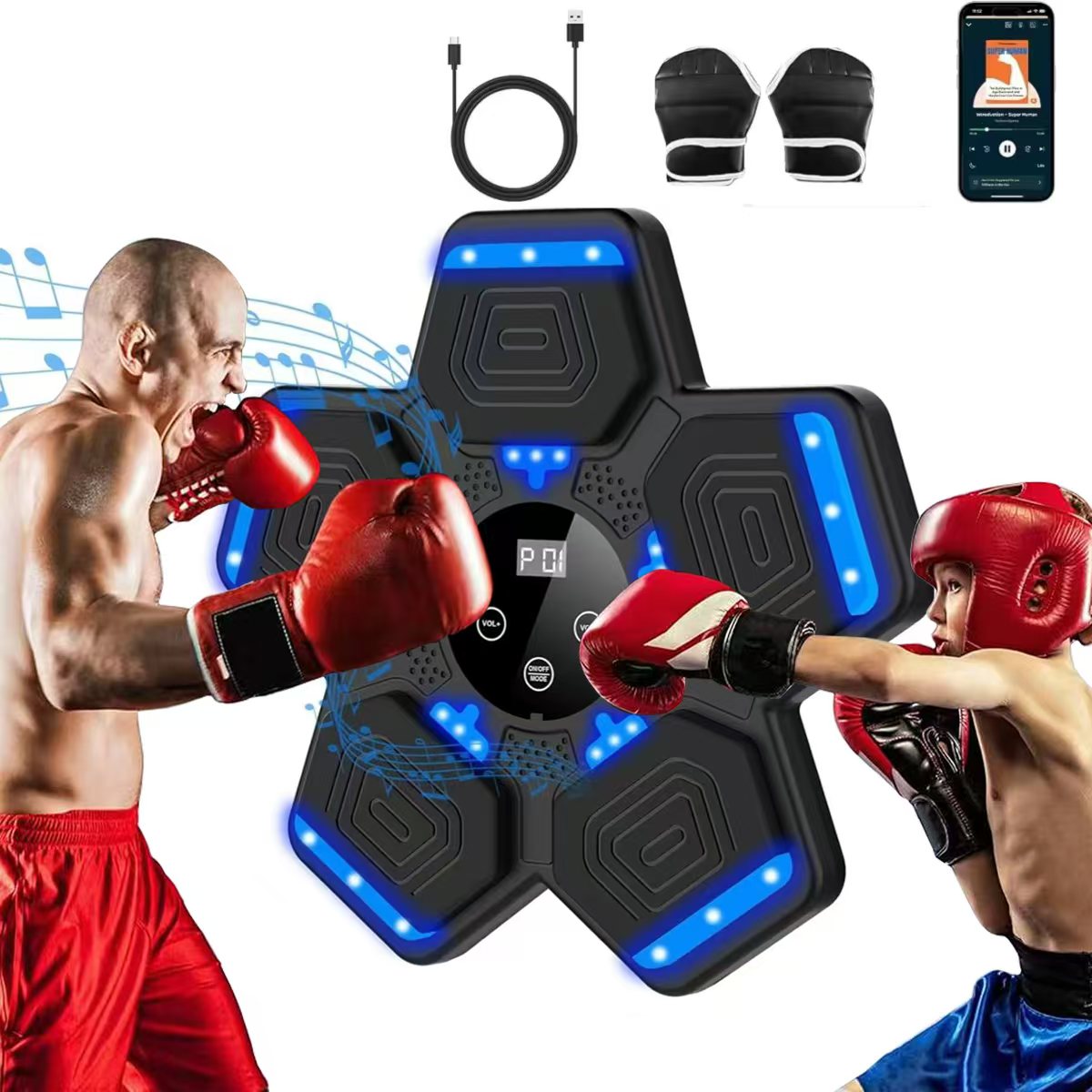 LUXEFIT Smart Bluetooth Music Boxing Machine with Gloves – Wall-Mounted LED Punching Target for Home Workouts