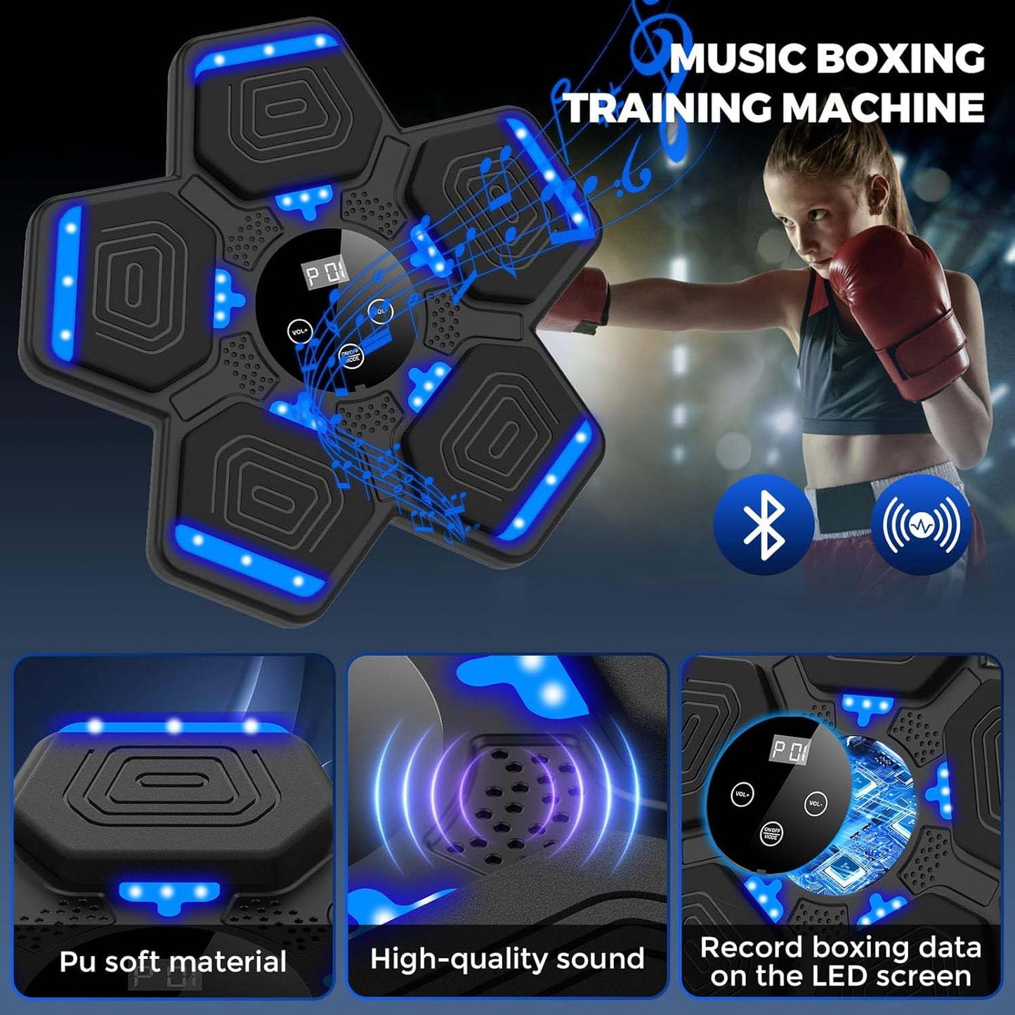 LUXEFIT Smart Bluetooth Music Boxing Machine with Gloves – Wall-Mounted LED Punching Target for Home Workouts